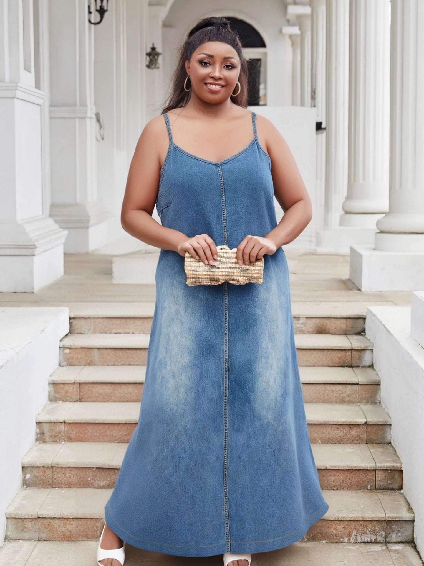 Plus-Size Women V-Neck Strappy Casual Denim Dress