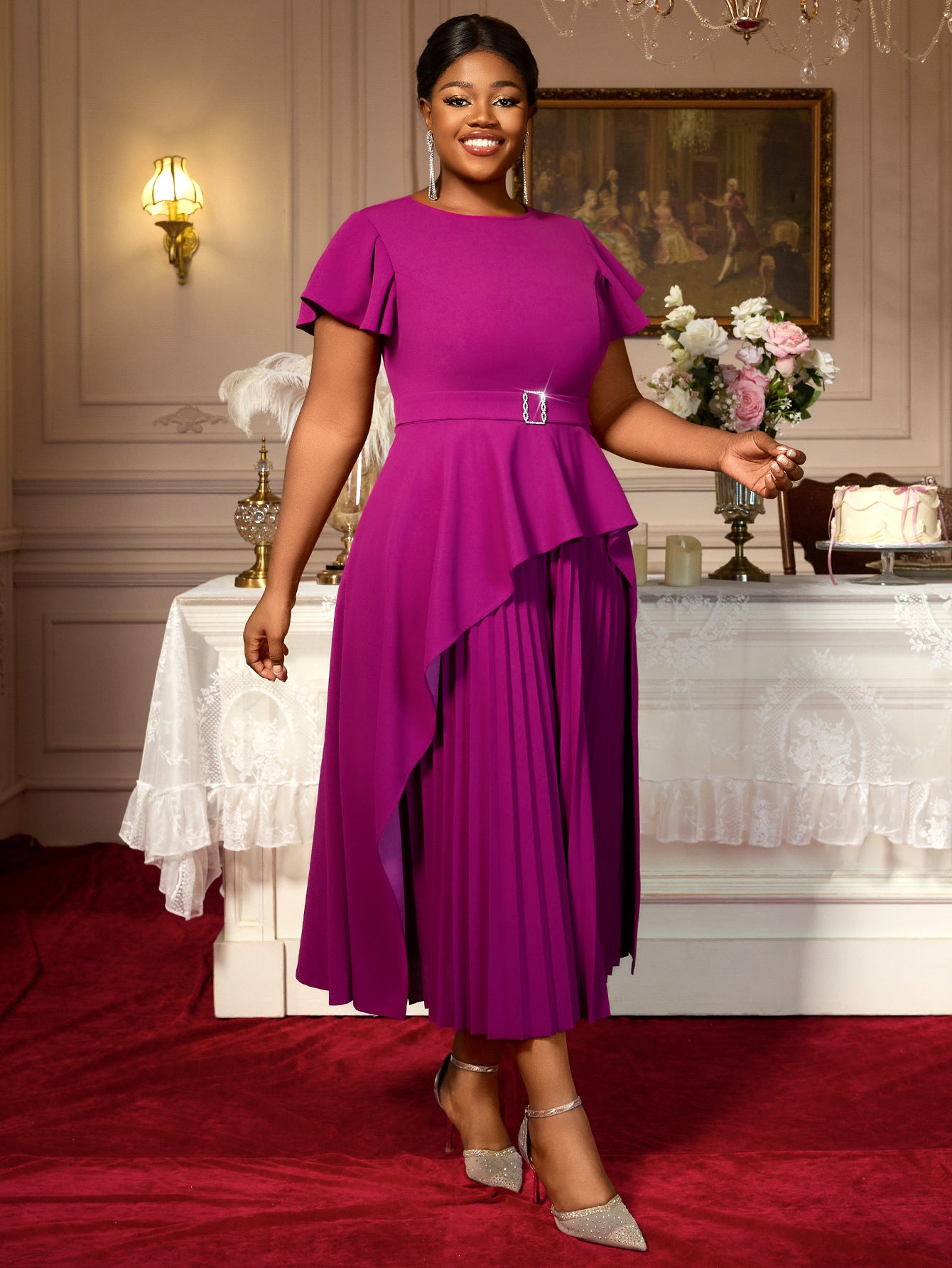 Plus Size Women Round Neck Short Sleeve Irregular Ruffle Elegant Dress 6