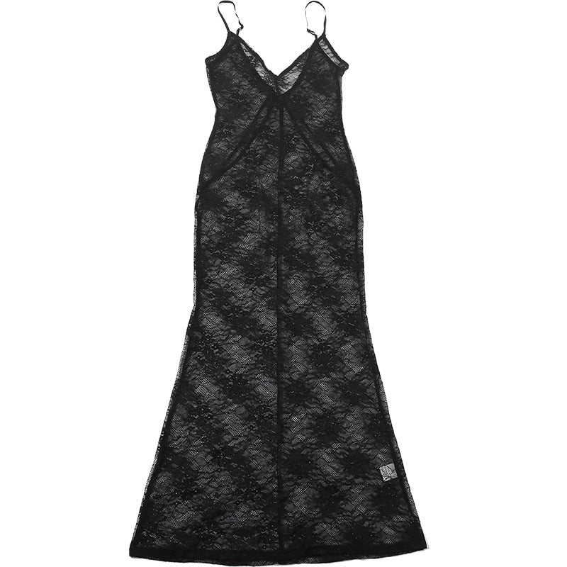 Autumn Women's Fashion Sexy Lace See-Through Low Back Strap Long Dress 15