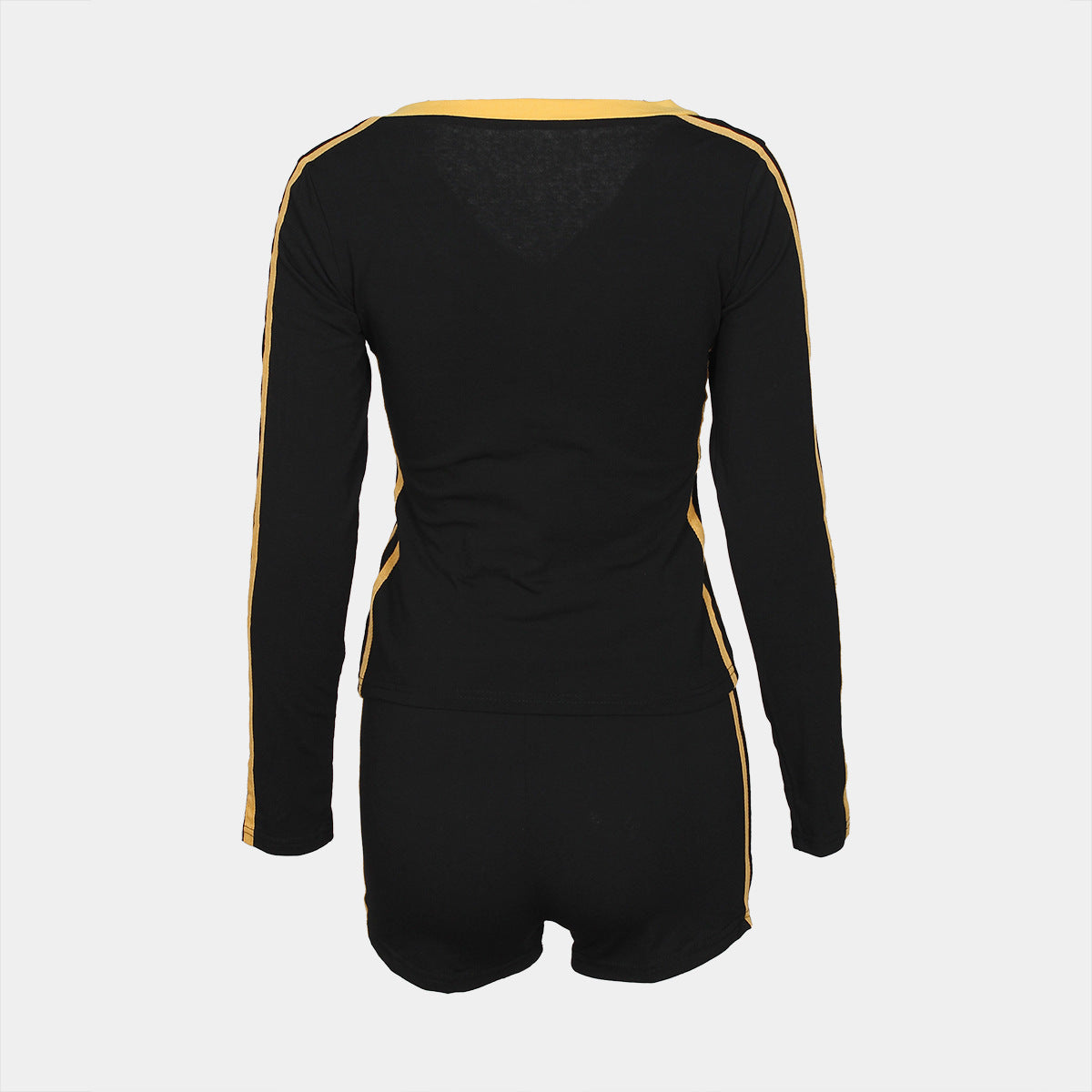 Women Autumn American Retro Contrast V-Neck Long Sleeve Top and lace-up shorts two-piece set 16