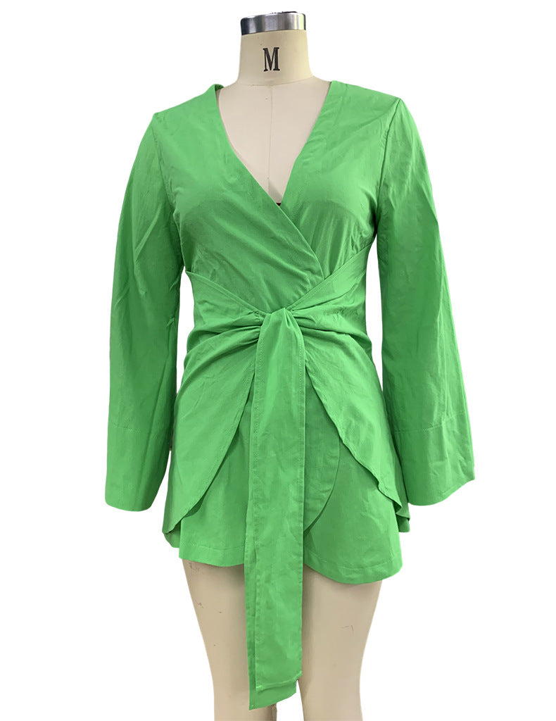 Ladies Fashion Chic Bell Bottom Sleeve V Neck Linen Dress 22