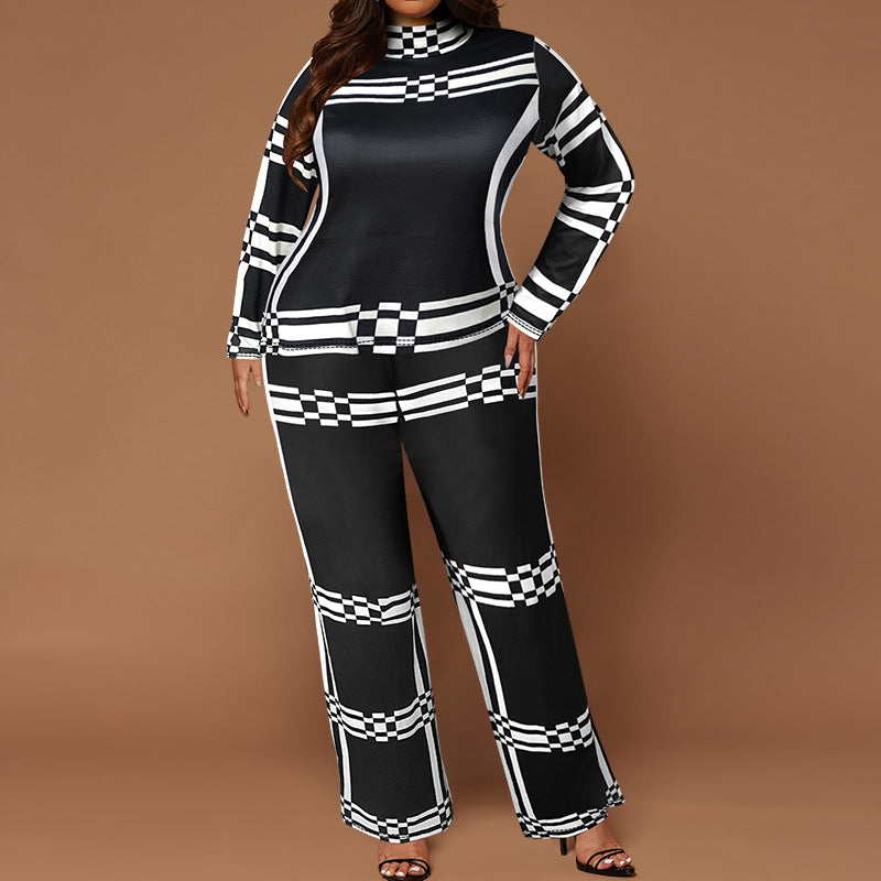 Plus Size Women Stand Collar Striped Long Sleeve Top and Straight Pants Two-piece Set 6