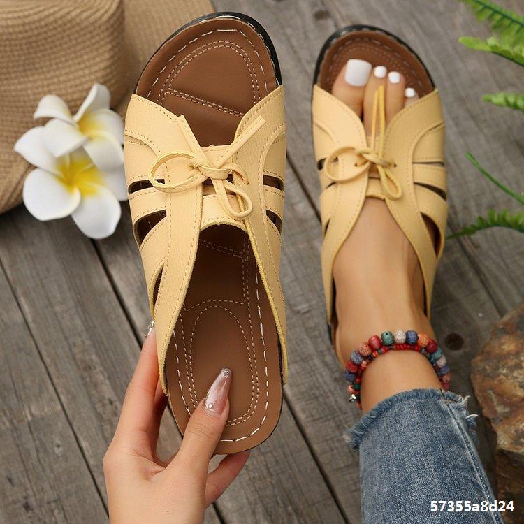Women Summer Wedge Peep-Toe Slippers Solid Bow Roman Sandals 5