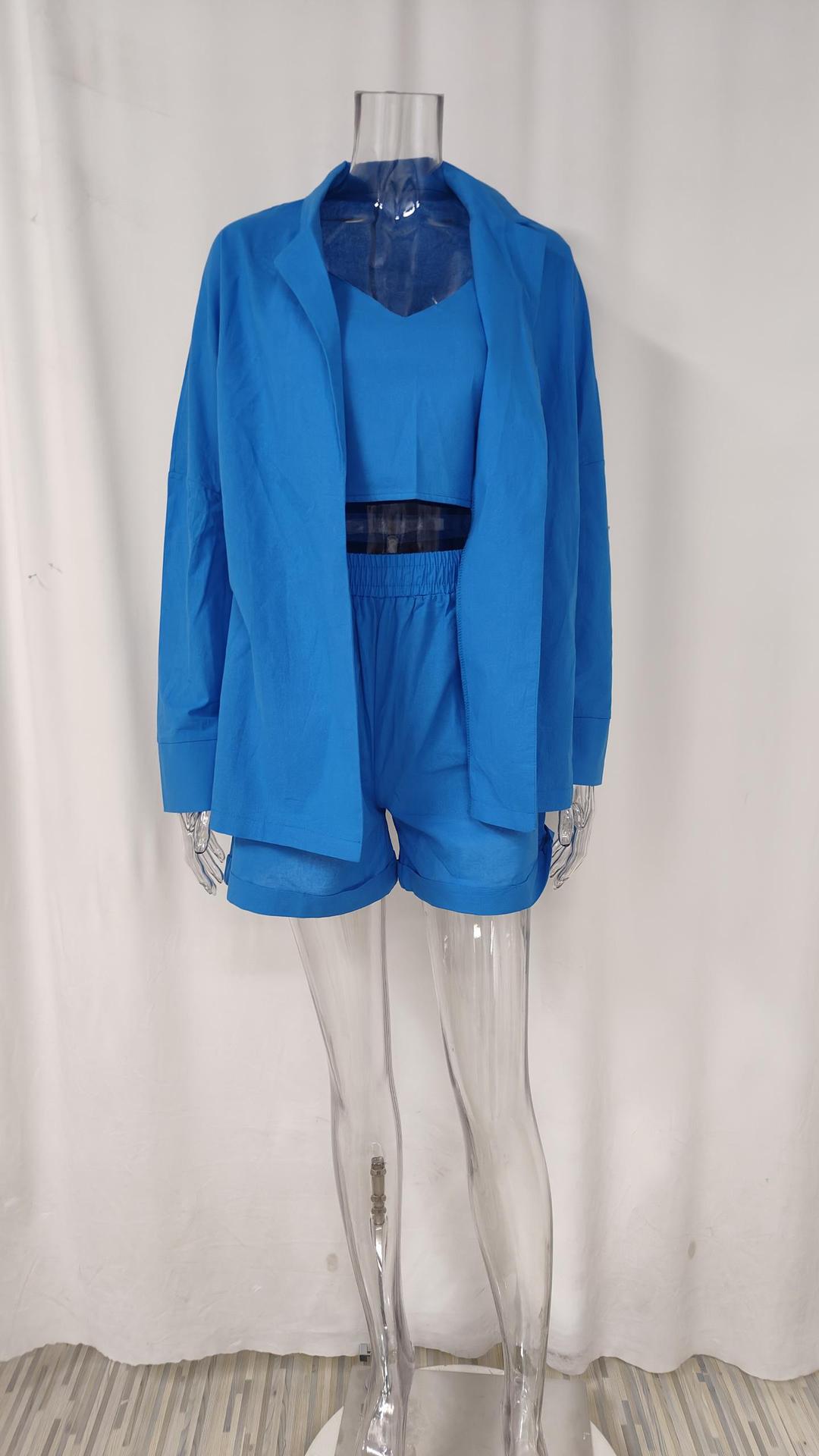 Spring Women's Chic Solid Color Vest Shorts Blazer Three Piece 18
