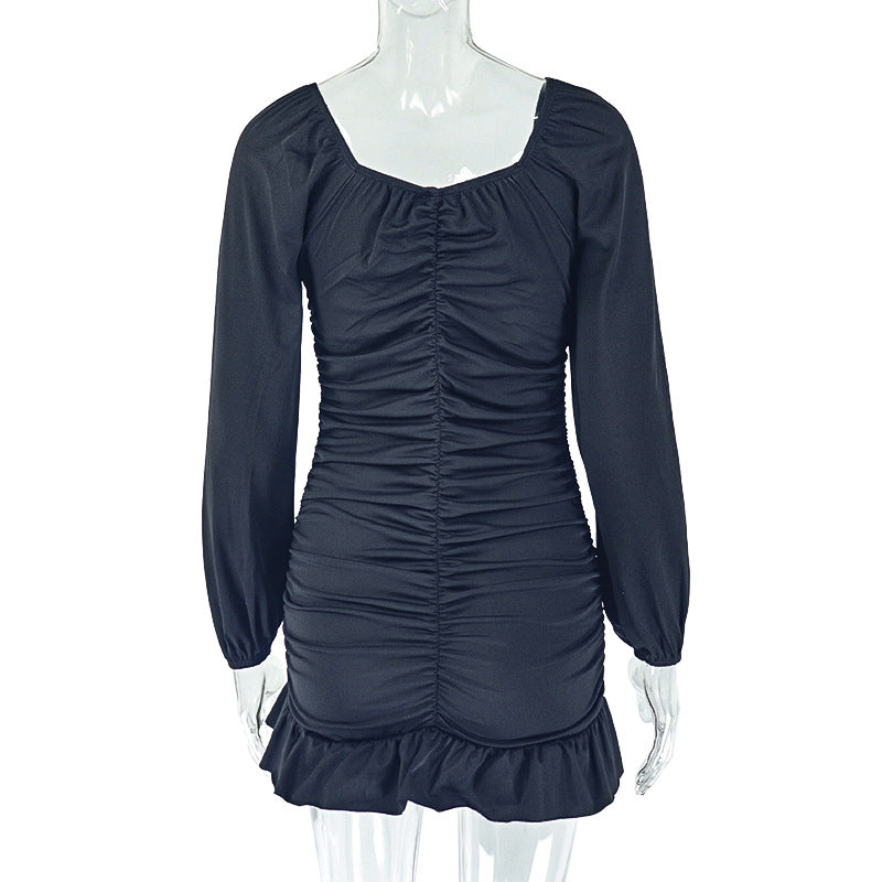 Loose Pleated U Neck Low Back Long Sleeve Dress Casual Comfort 12