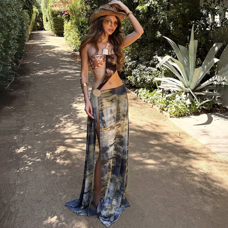 Women summer sexy mesh slash shoulder crop slit dress 4