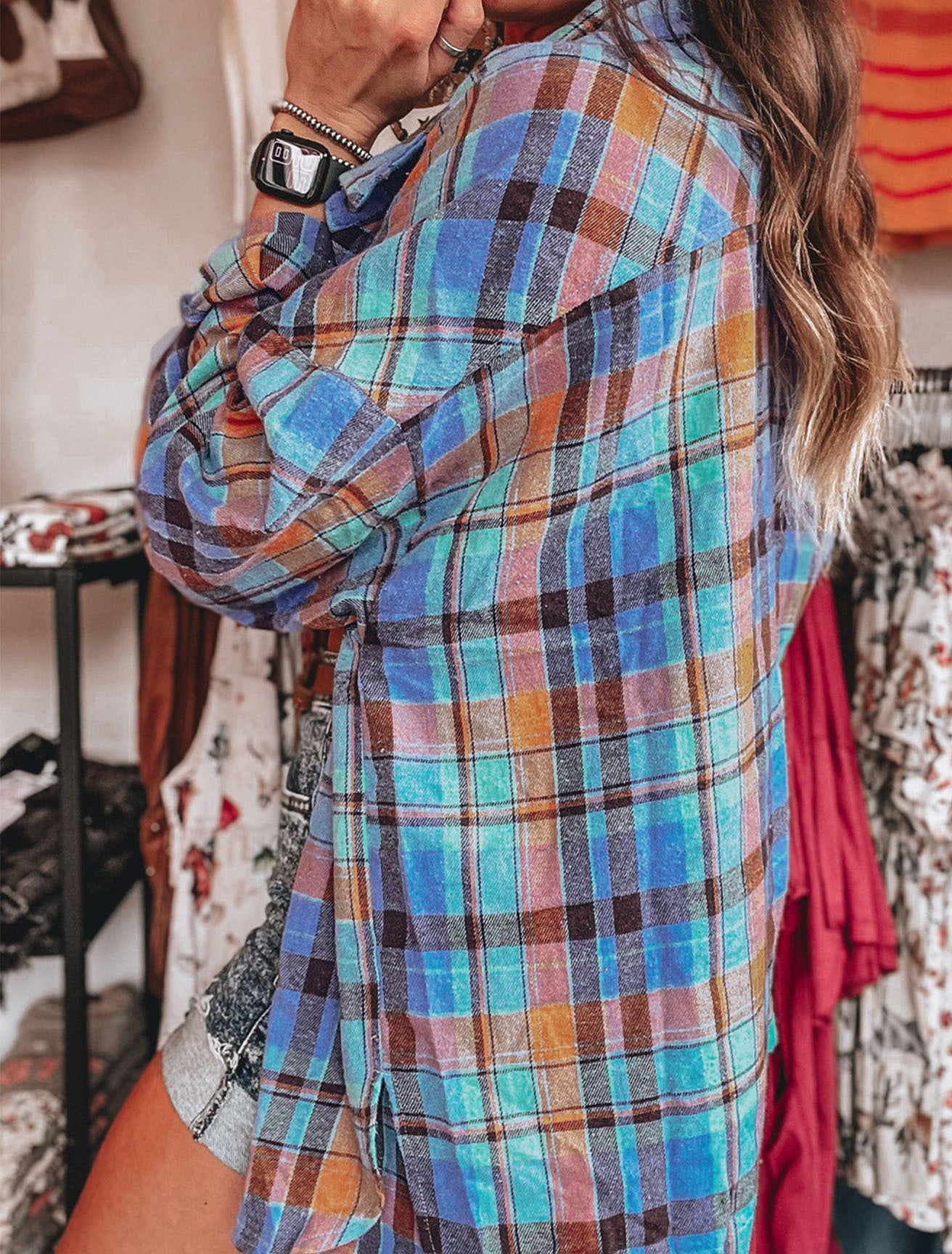 Simple Casual Top Plaid Print Loose And Single-Breasted Multi-Button Long-Sleeved Shirt 7