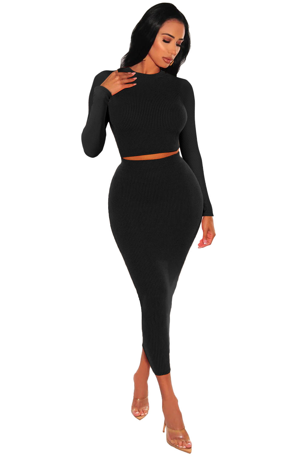 Women Long Sleeve Top and Bodycon Skirt Two Piece Set