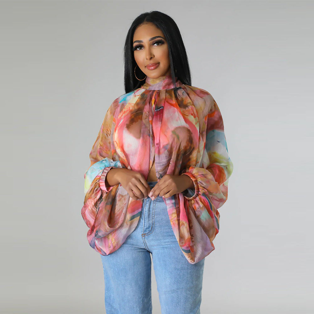 Women's Summer Lace-Up Printed Chiffon Shirt Bat Sleeves Top 34