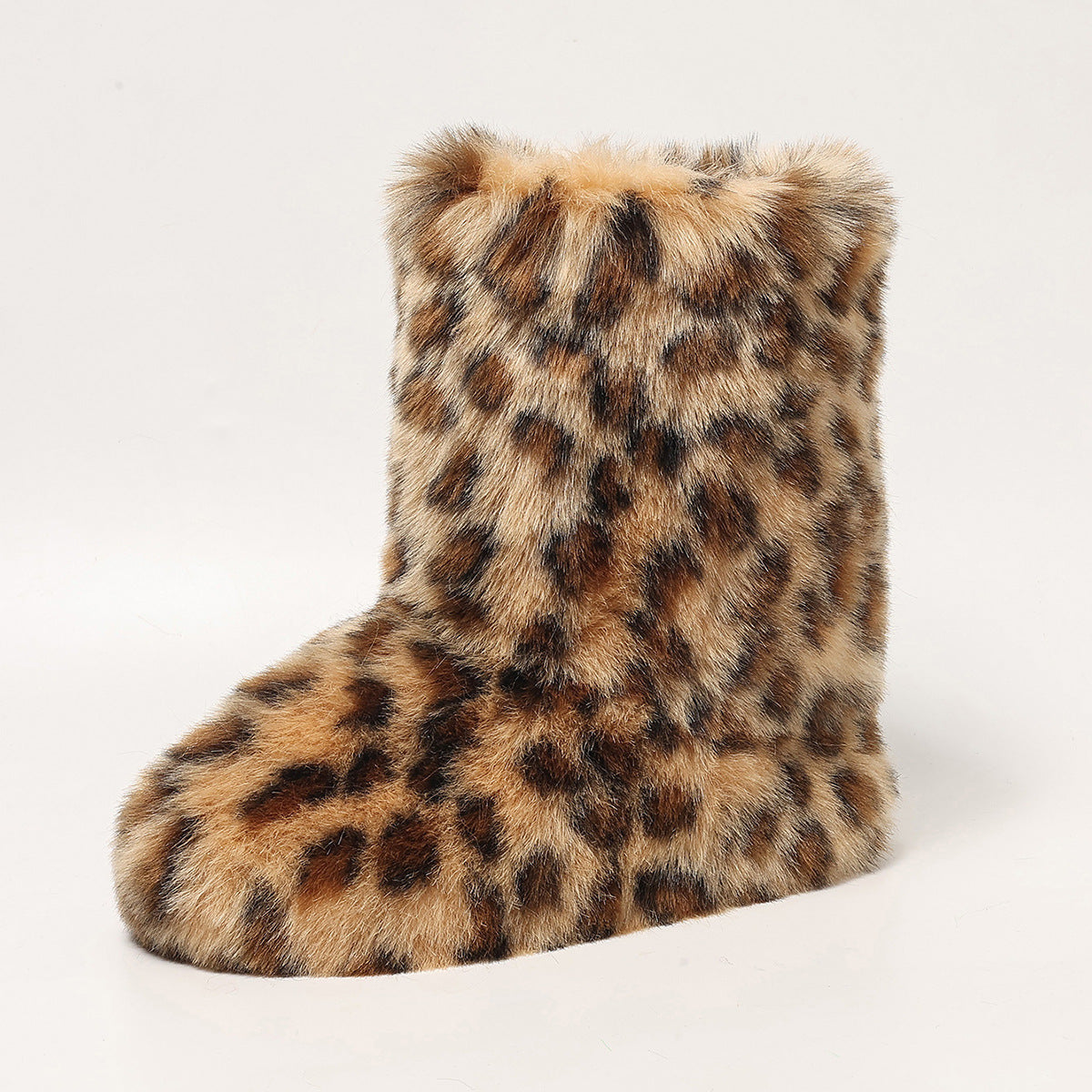 Women Long Fur Boots Warm Thick-soled Mid-calf Boots Leopard Print Snow Boots 7