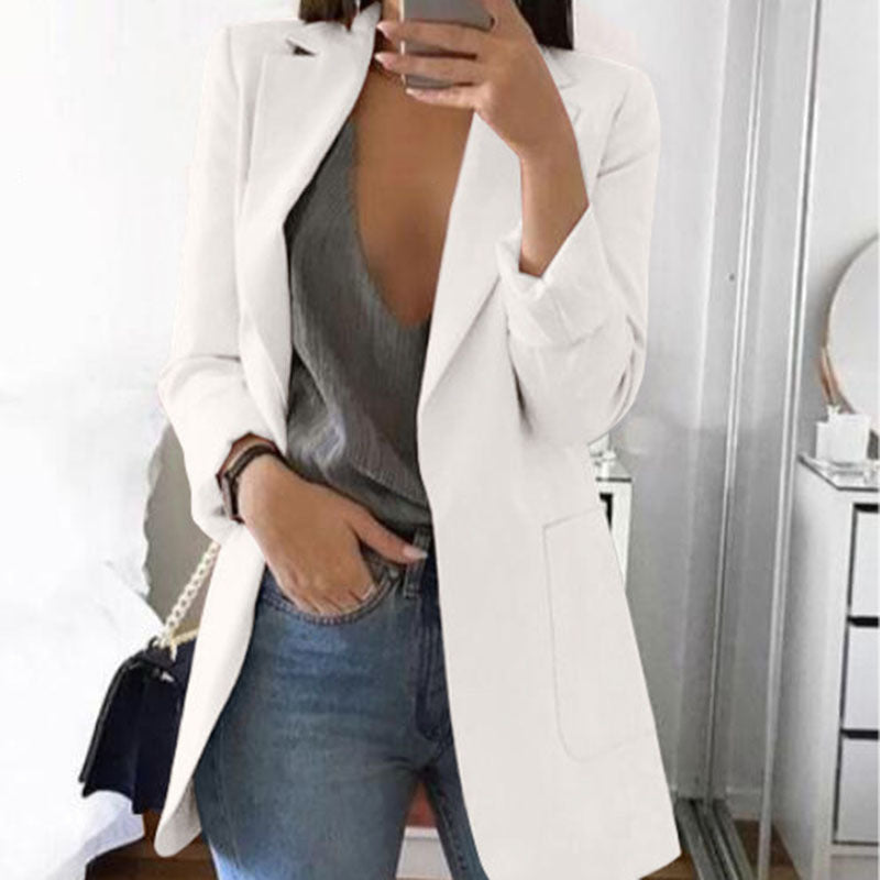 Spring Fall Women's Long Sleeve Plain Pocket Cardigan Blazer Jacket