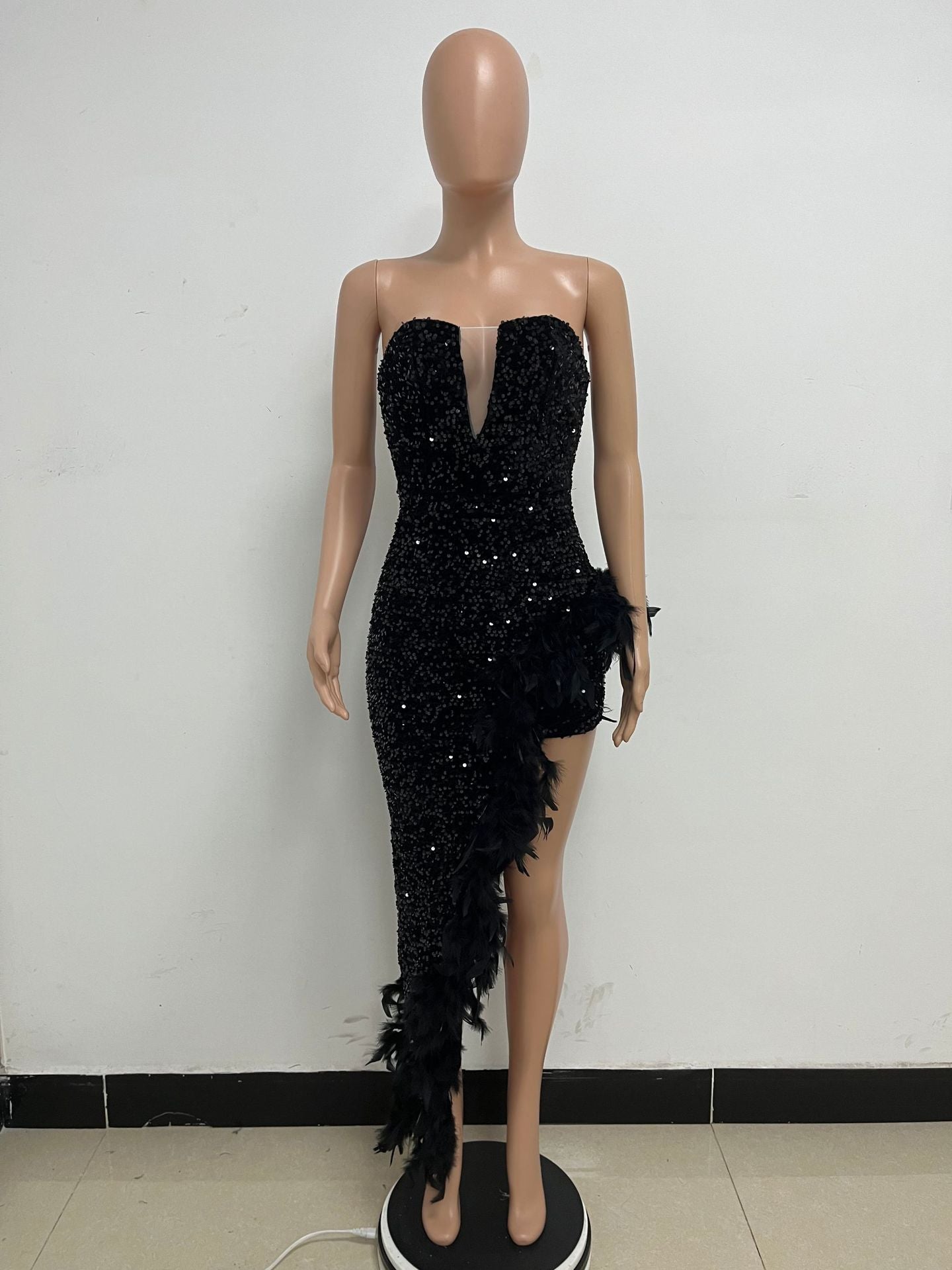Women Sexy Off Shoulder Backless Sequin Feather Dress 70