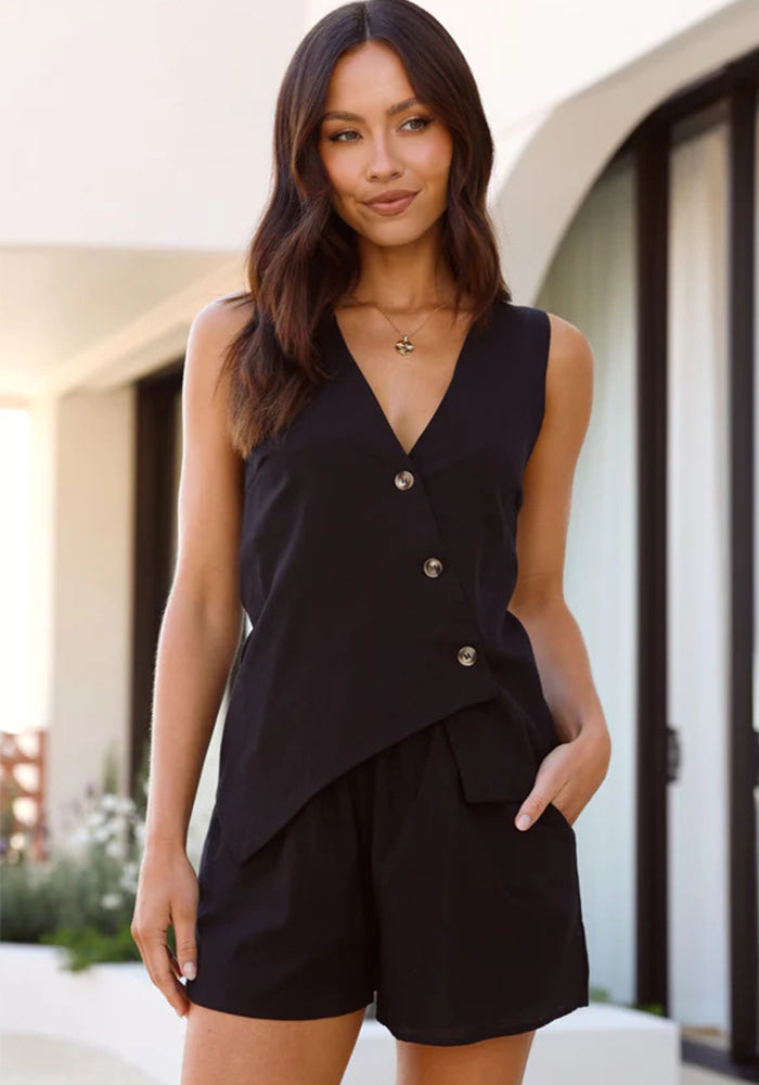 Women Summer Solid Casual V-Neck Vest and Shorts Two Piece Set