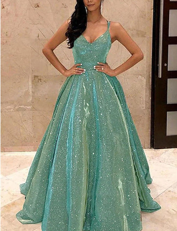 Straps V-neck Sparkling Long Swing A-Line Slim Fit Evening Gown 5