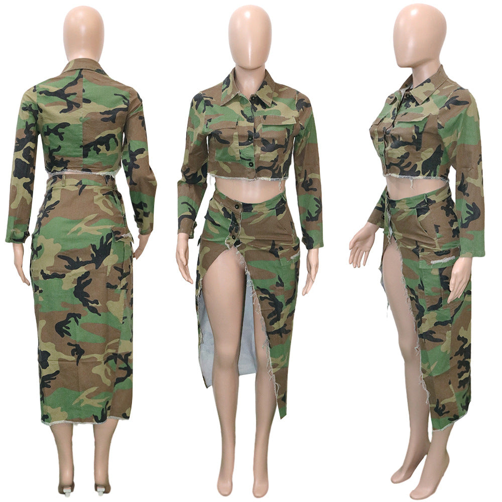 Spring Summer Casual Camouflage Print Turndown Collar Long Sleeve Jacket Slit Midi Skirt Two Piece Set For Women 3