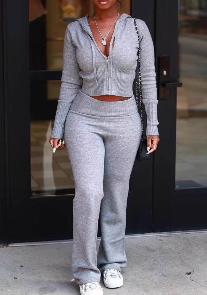 Women Round Neck Zipper Hooded Top and Pant Sports Two Piece Set