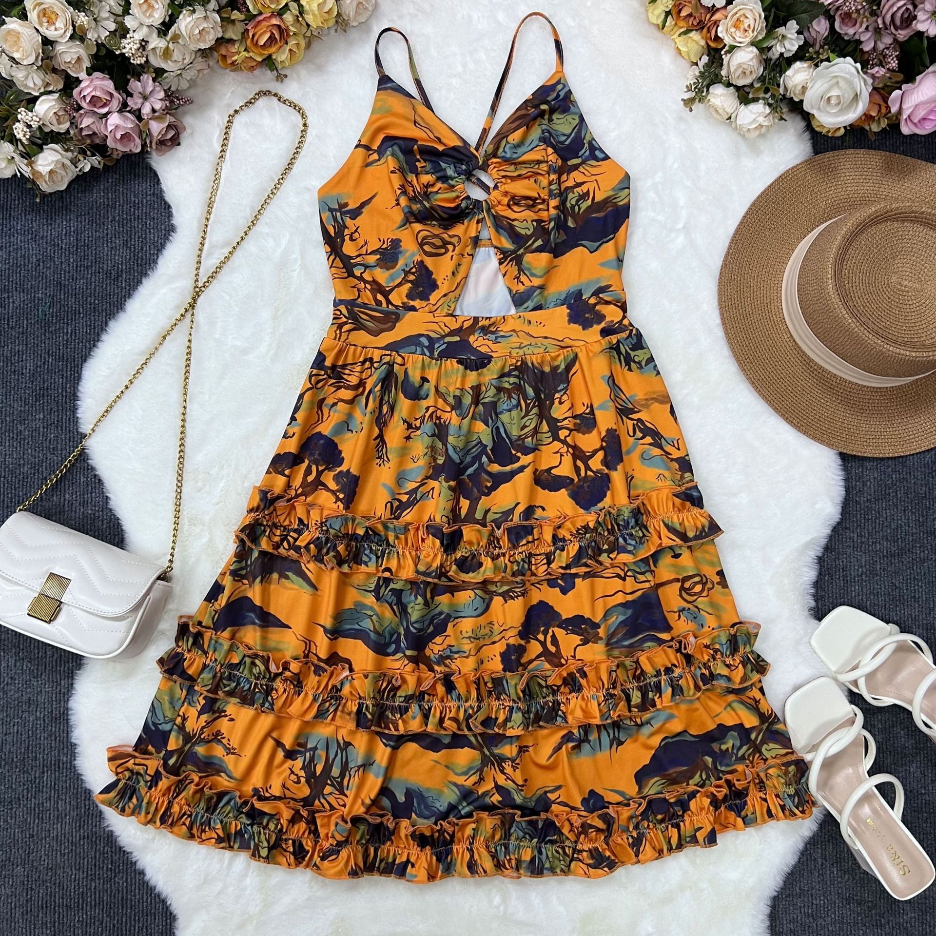 Women Deep V Sexy Camisole Ruffle Edge Print Backless Dress 4