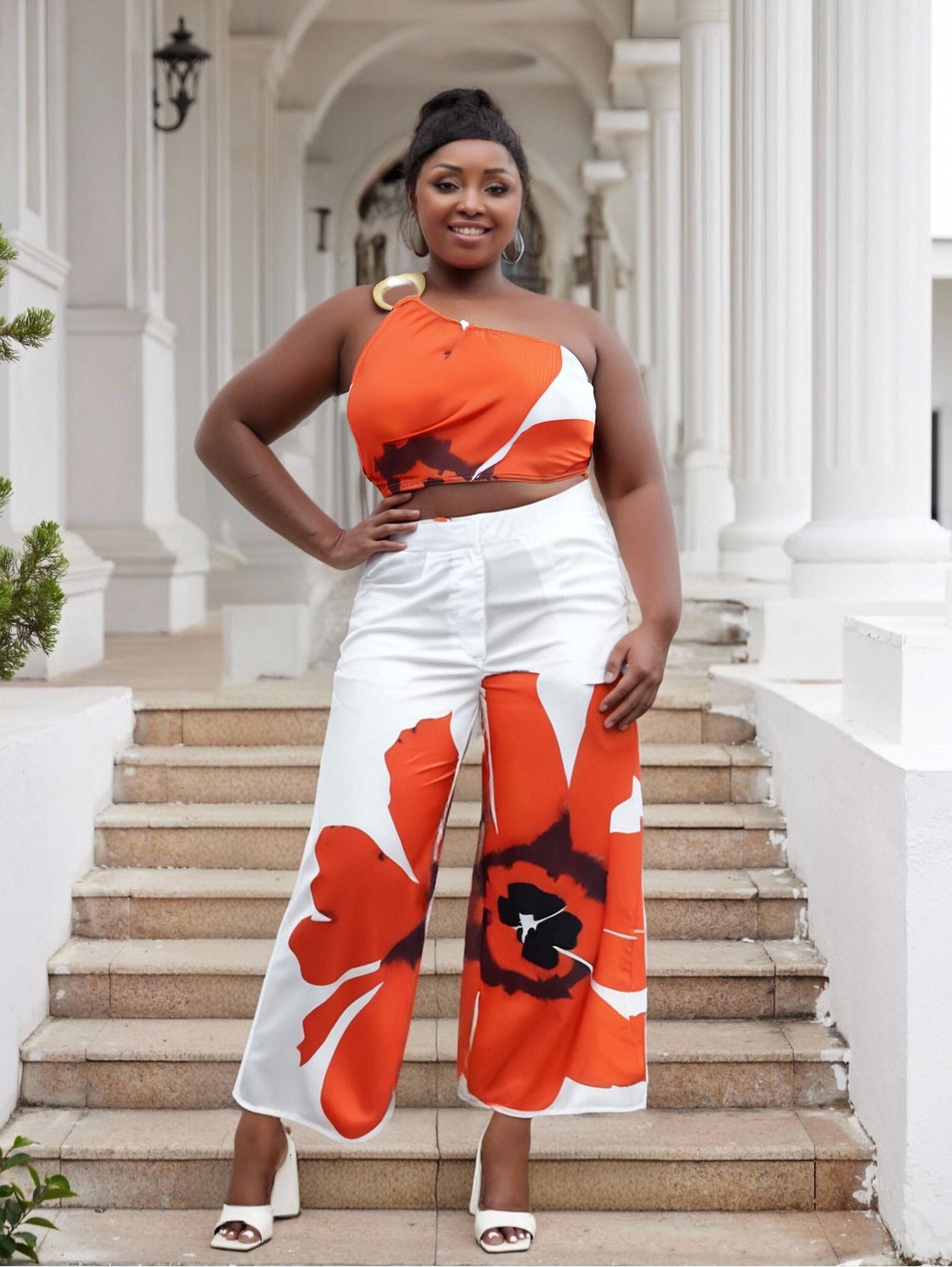 Plus Size Spring/Summer Printed One Shoulder Crop Top Wide Leg Pants Two Piece Set 8