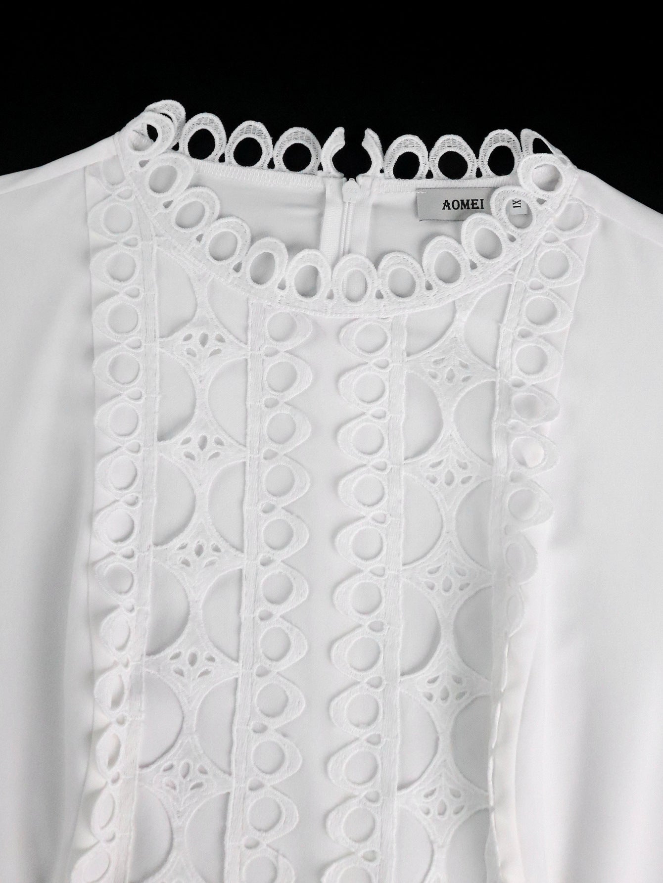 Plus Size Women's Elegant White Lace Cut-Out Dress Puff Sleeve Rhinestone Button Pleated Midi Party Dress 8