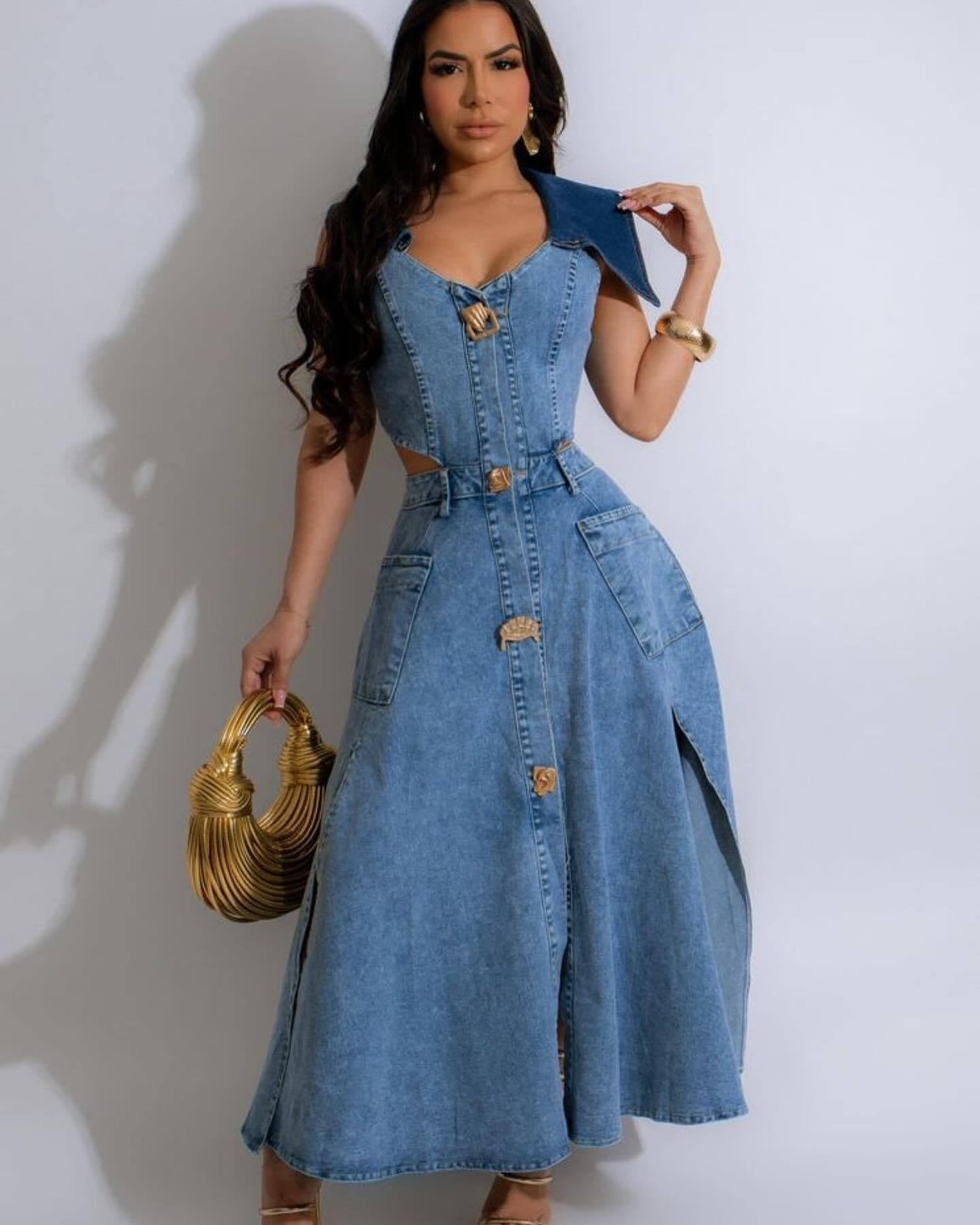 Sleeveless Turn Down Collar Sheer Waist Cut Out Denim Dress 3