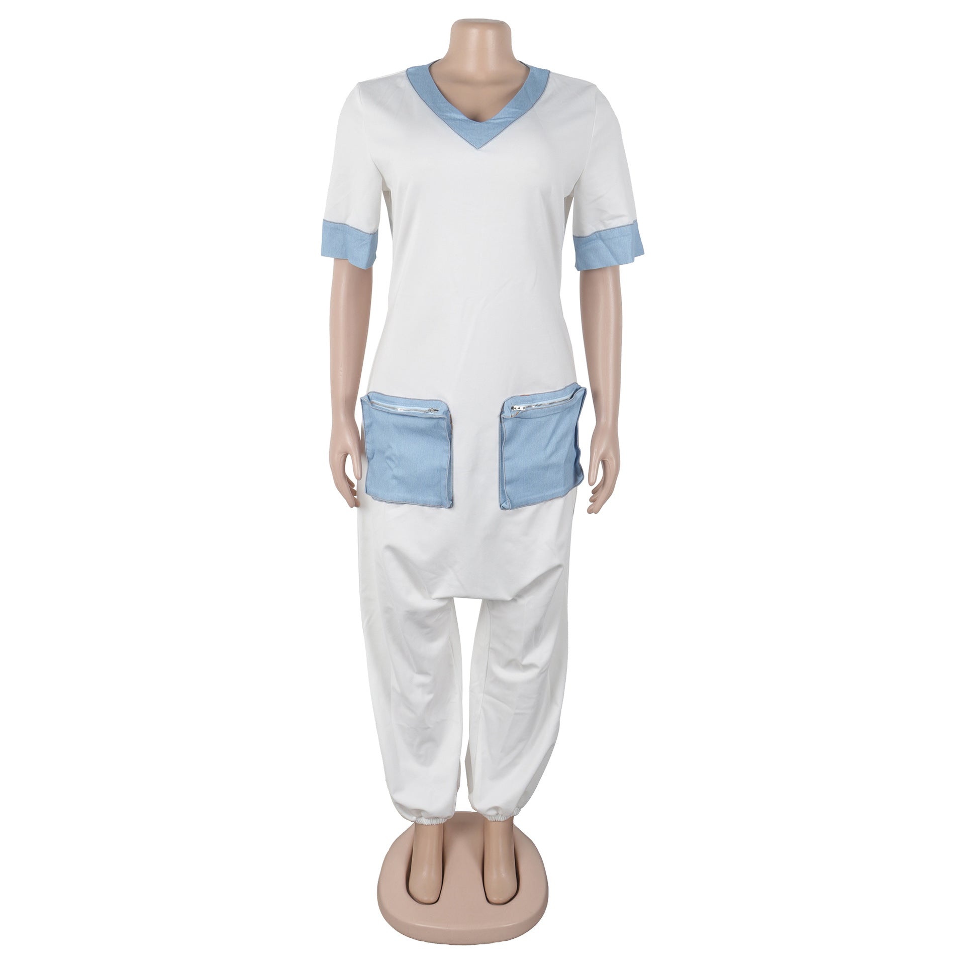 Women Casual Career V-Neck Patchwork Contrast Stretchy Denim Jumpsuit 12