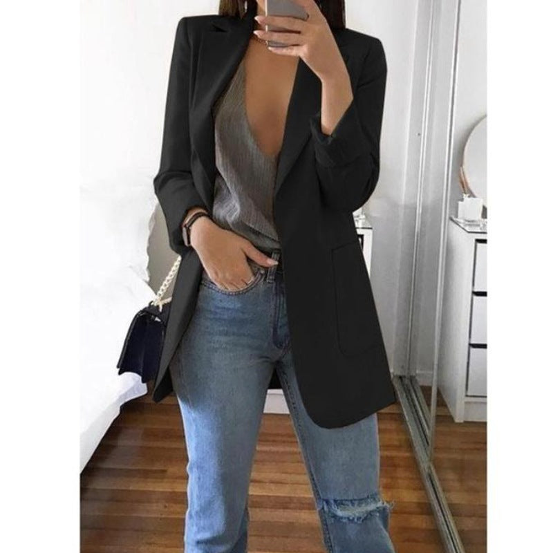 Spring Fall Women's Long Sleeve Plain Pocket Cardigan Blazer Jacket 10