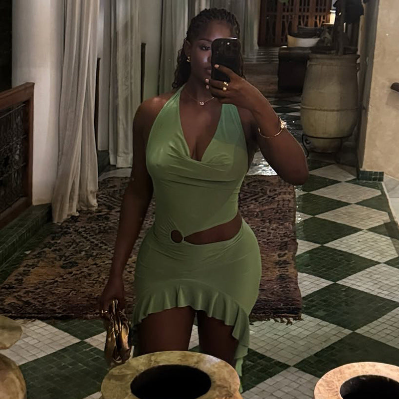 Solid Color Holidays Women's Metal Ring Halter Neck V-Neck Ruffled Bodycon Dress 5