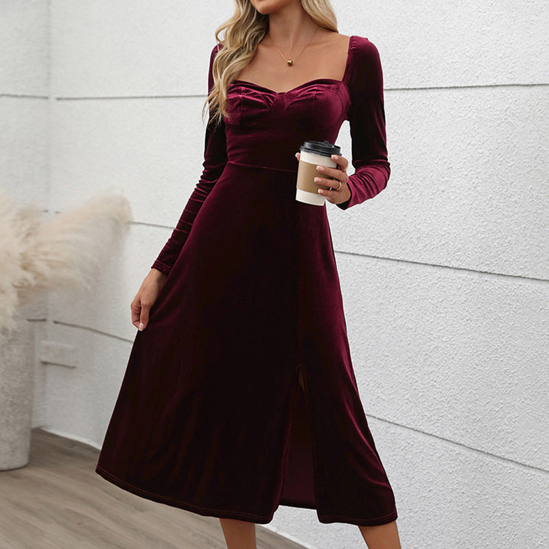 Women's Autumn And Winter Velvet Long Sleeve Slit Party Dress 5