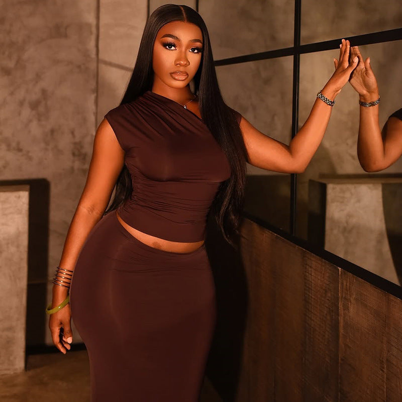 fashion solid color Slash Shoulder Slim  two-piece skirt set for women