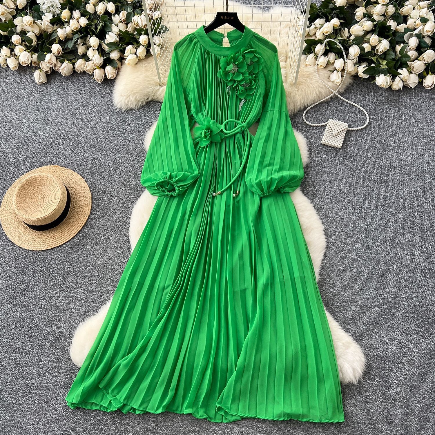 Elegant Women's Luxury Beaded Flower Belt Slim Waist Pleated Long Dress 6