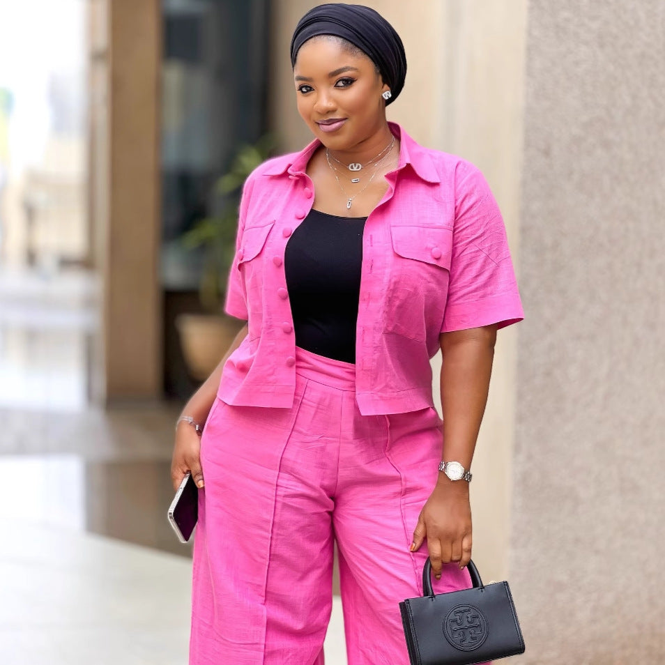 African Women career solid short-sleeved shirt with wide-leg pants two-piece set 5