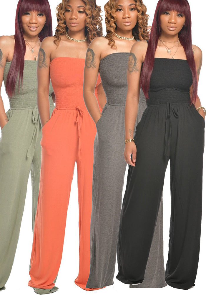 Women's Casual solid color strapless wide leg Jumpsuit
