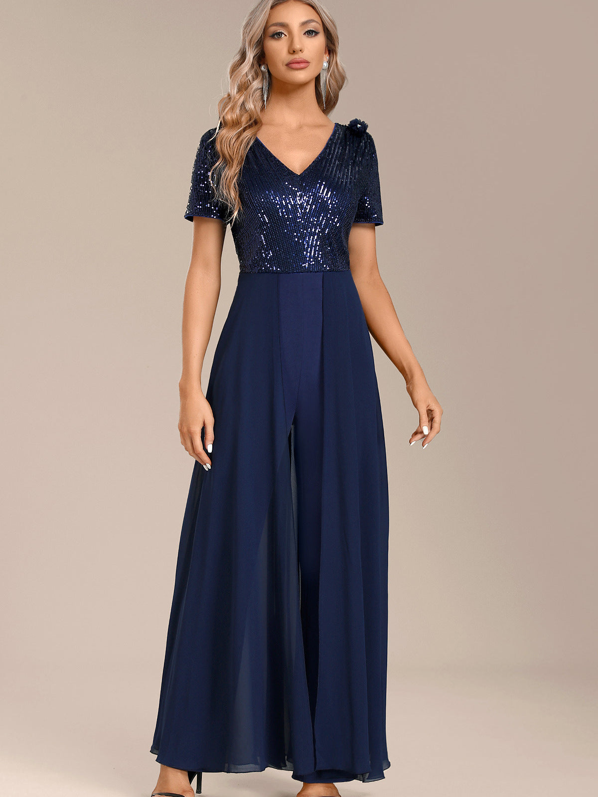Women Solid Chiffon Sequin Patchwork Jumpsuit 6