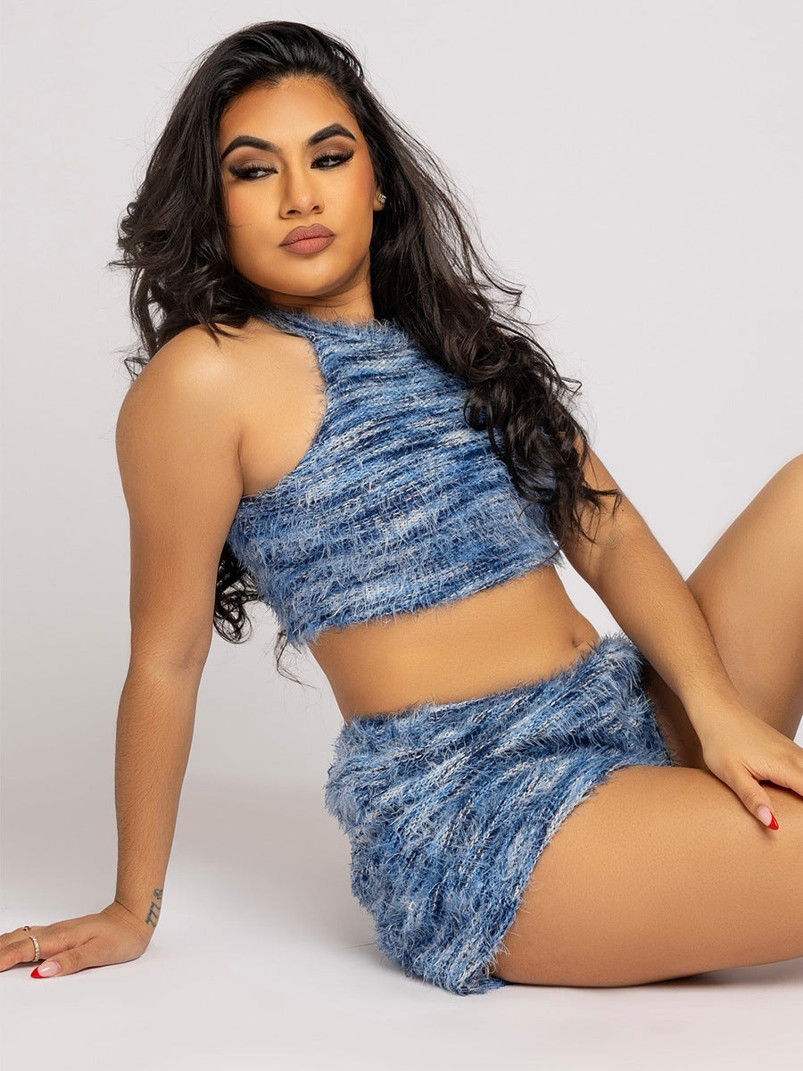 Summer Women's Slim Fit Low Back Crop Top Knitted Shorts Set 5