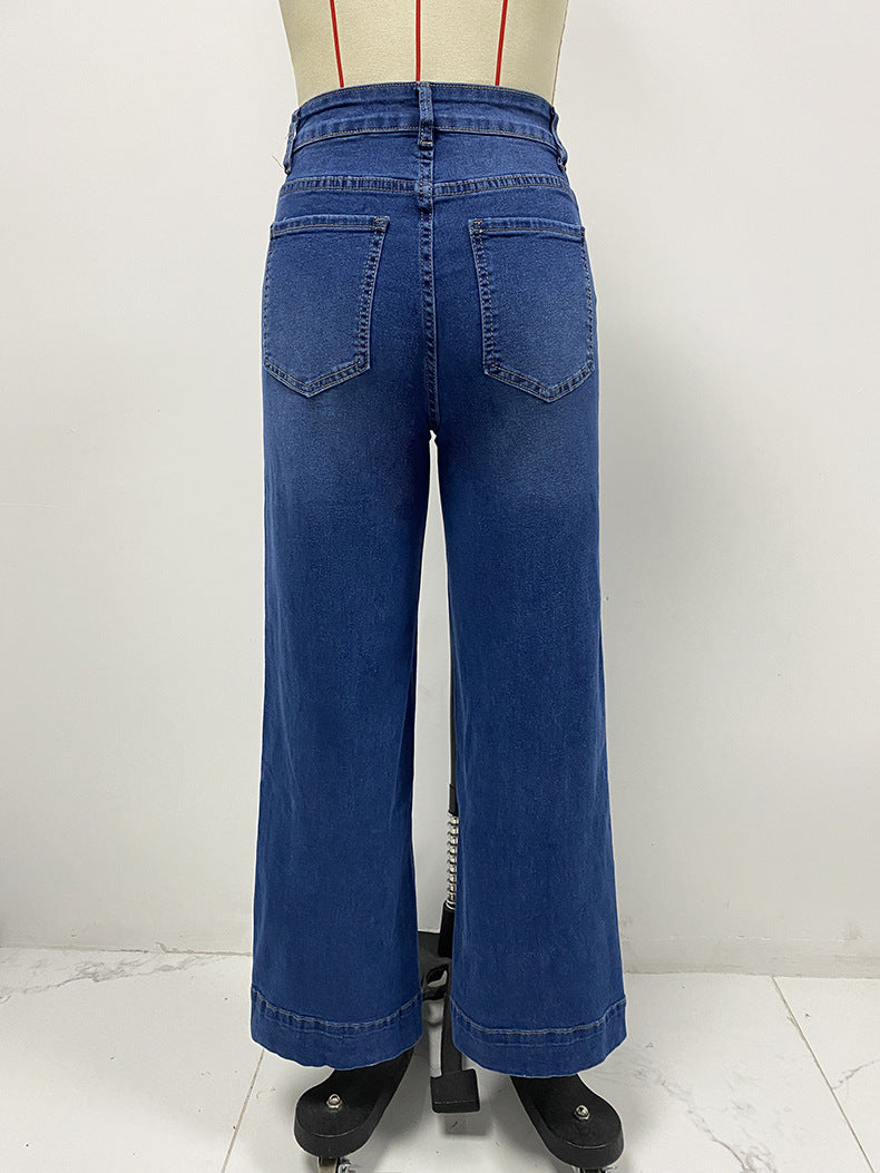 Women's spring wide leg straight high waist denim pants 12
