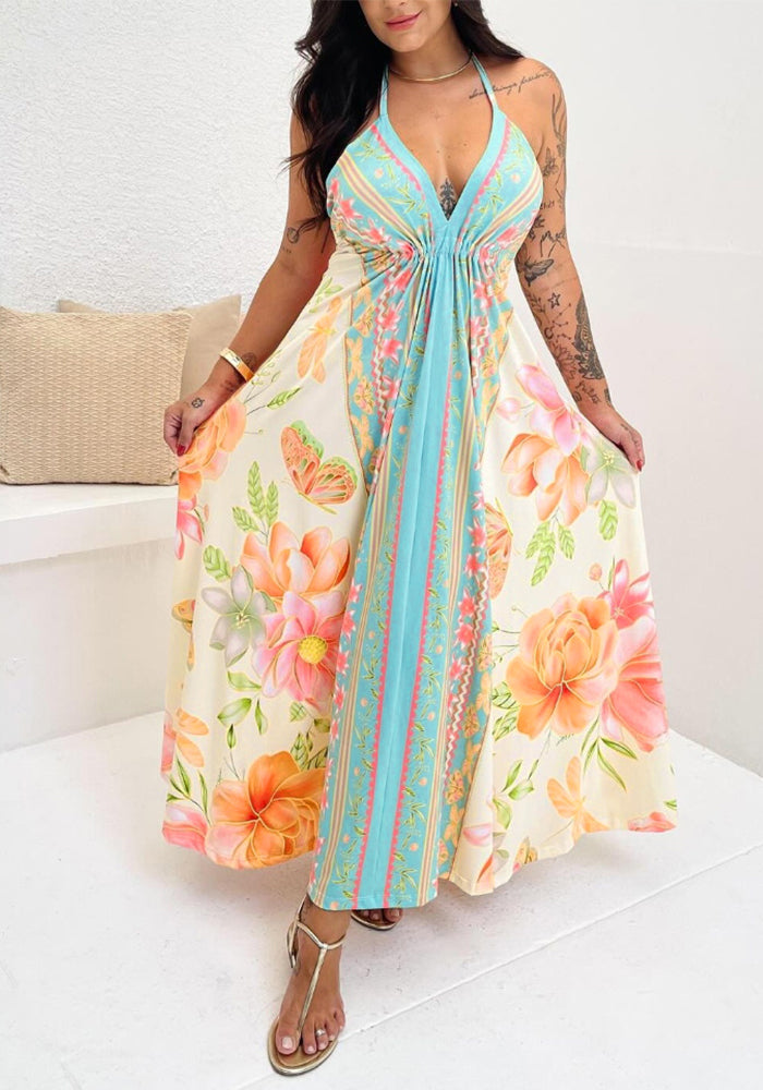 Women's Halter Neck Back Hollow Print Long Dress