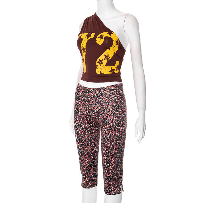Women Spring Summer Sexy Slash Shoulder Print Top and Cropped Pants Two Piece Set 6