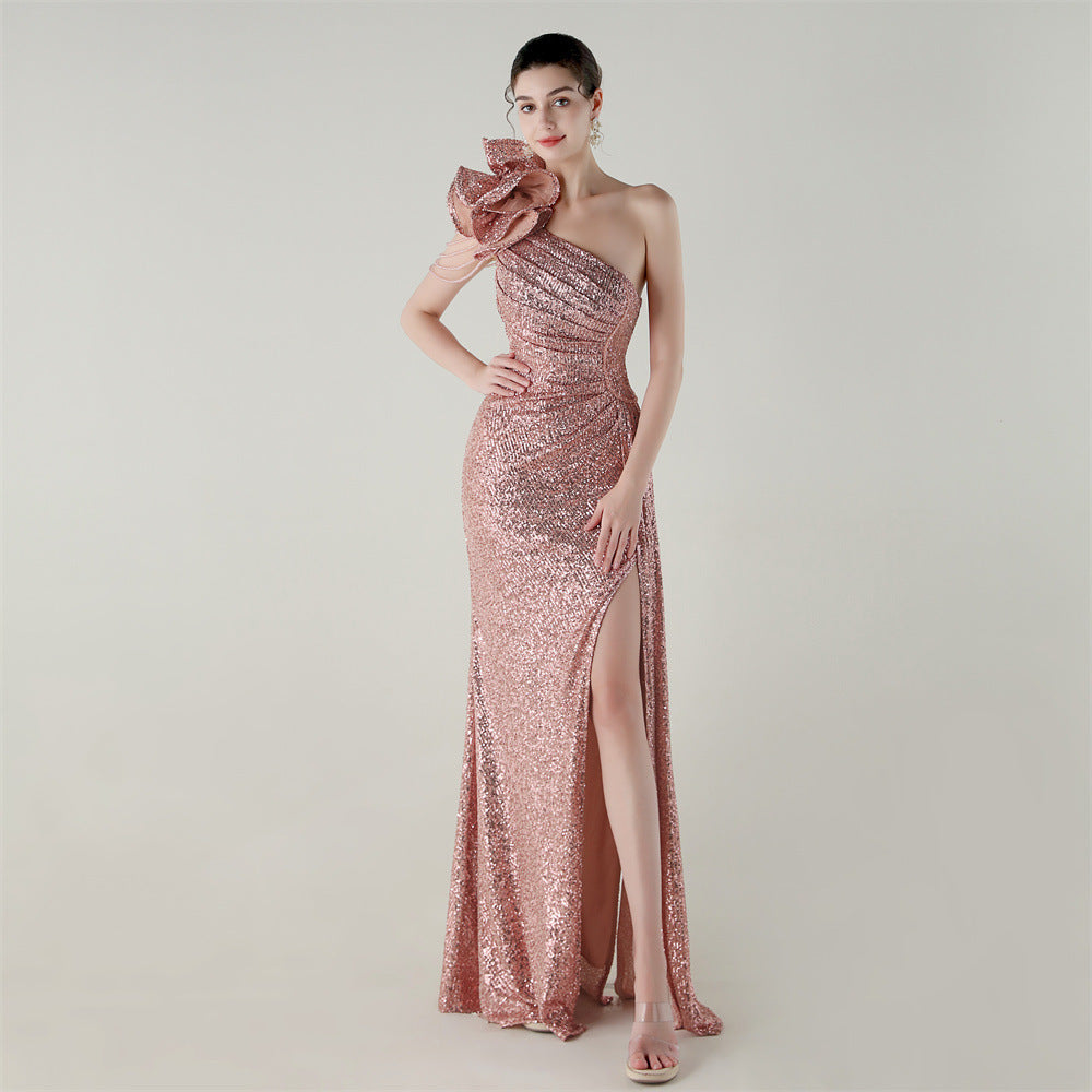 Women flower beaded one-shoulder Slash Shoulder fishtail evening dress 12