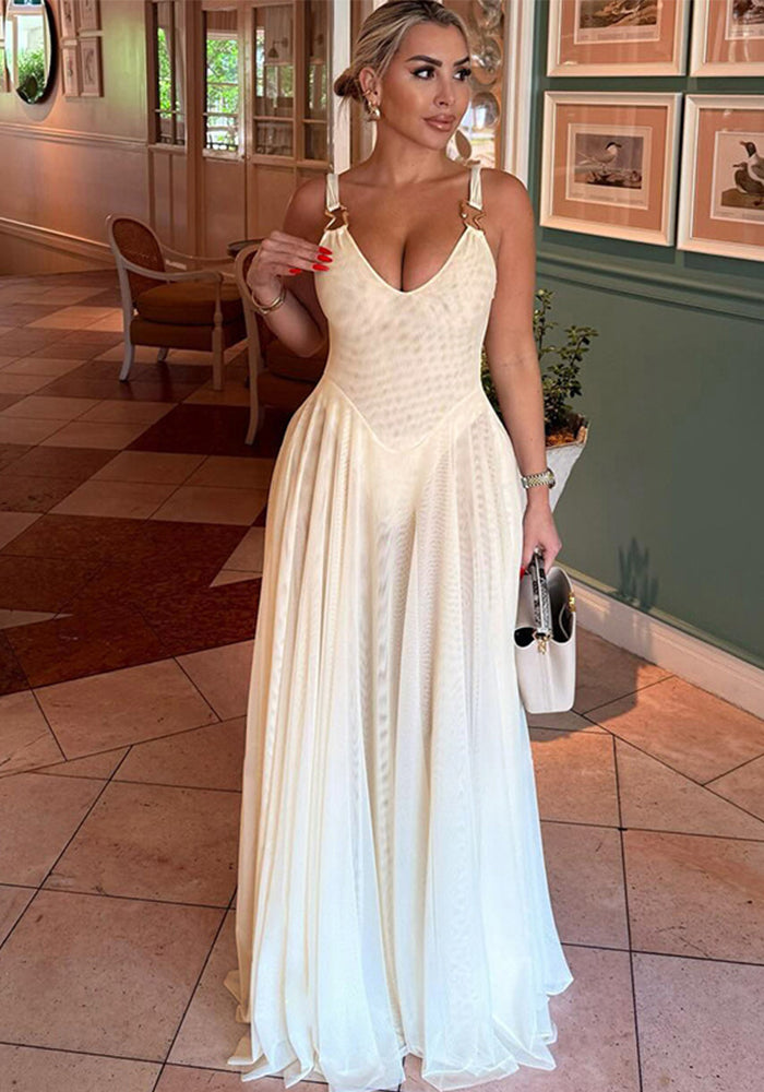 Women Spring Sexy V Neck Backless Suspender Mesh Maxi Dress