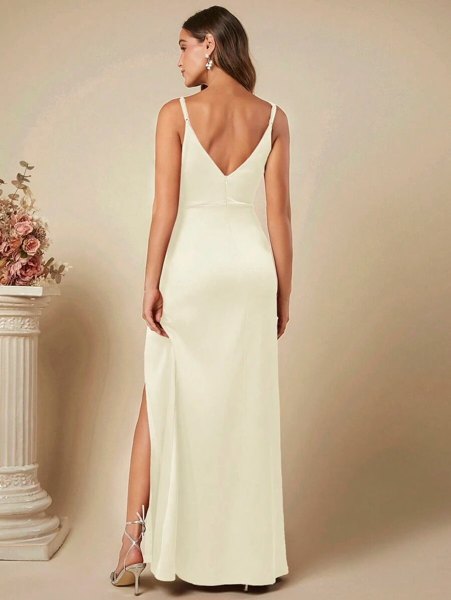 Women's Spring Summer Strap Satin Dress Sexy Pleated Bridesmaid Dress 42