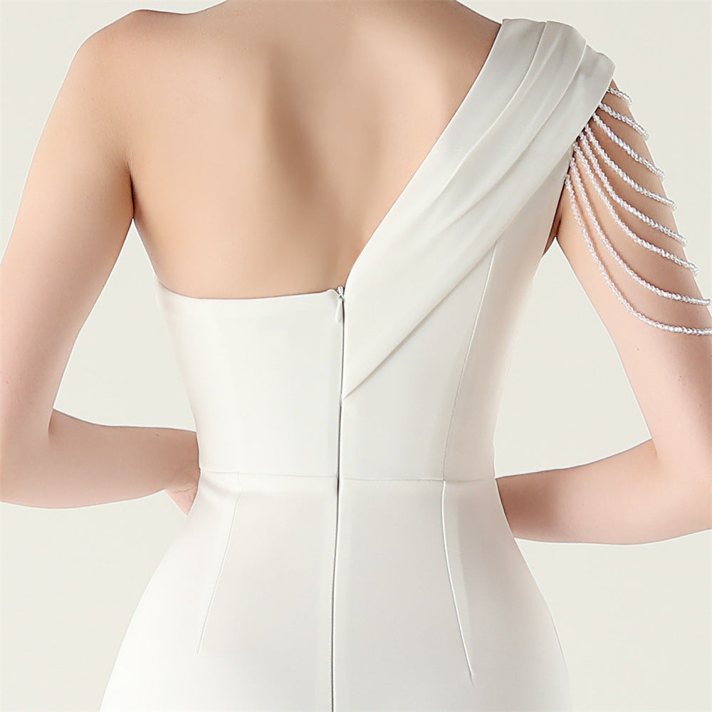 Women sexy and elegant evening beaded one-shoulder slit evening dress 16