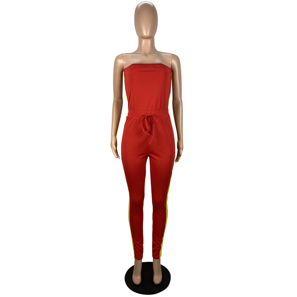 Spring and summer women's style slim fit strapless drawstring waist Jumpsuit 16