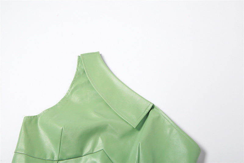 Women summer Slash Shoulder one shoulder Tank Top and straight trousers pu Leather two-piece set 9