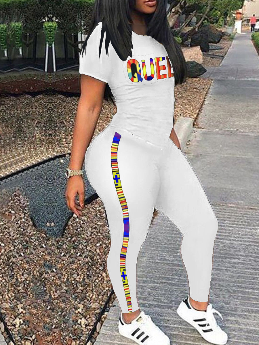 Casual Letter Print Short Sleeve Loungewear Stripe Two-Piece Pants Set For Women 10