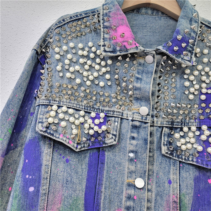 Women Spring Loose Diamond Trendy Hand-Painted Denim Jacket 5