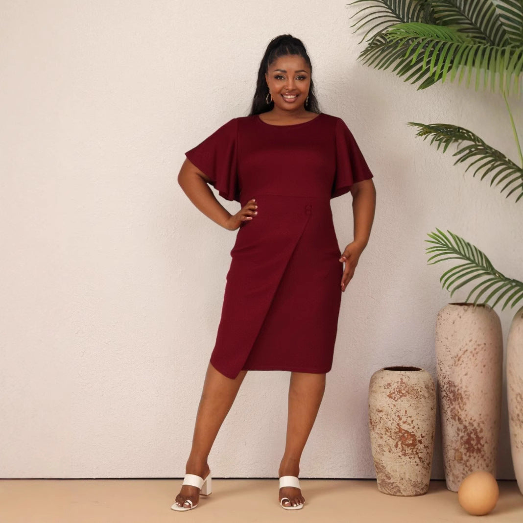 Women Summer Solid Career Ruffle Sleeve Dress