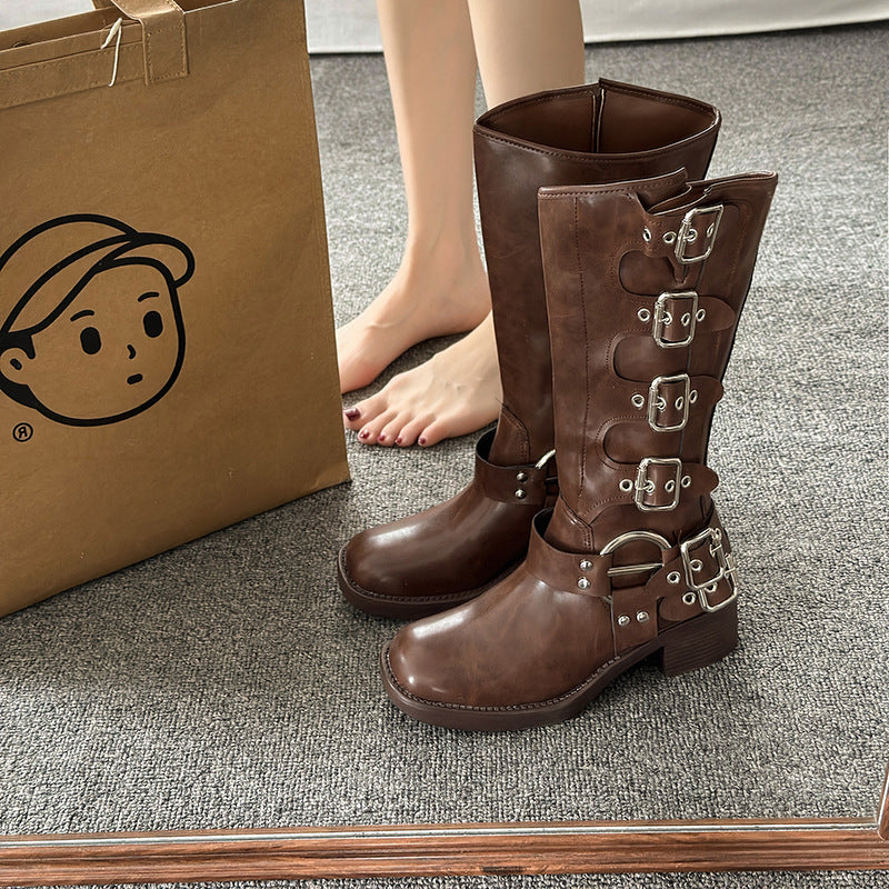 Women's Brown Knee-High Autumn Winter Leather Denim High Shaft Equestrian Boots 10