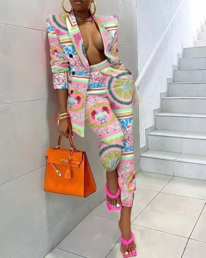 Women's Printed Coat Suit Casual Blazer Pants two piece Suit 11
