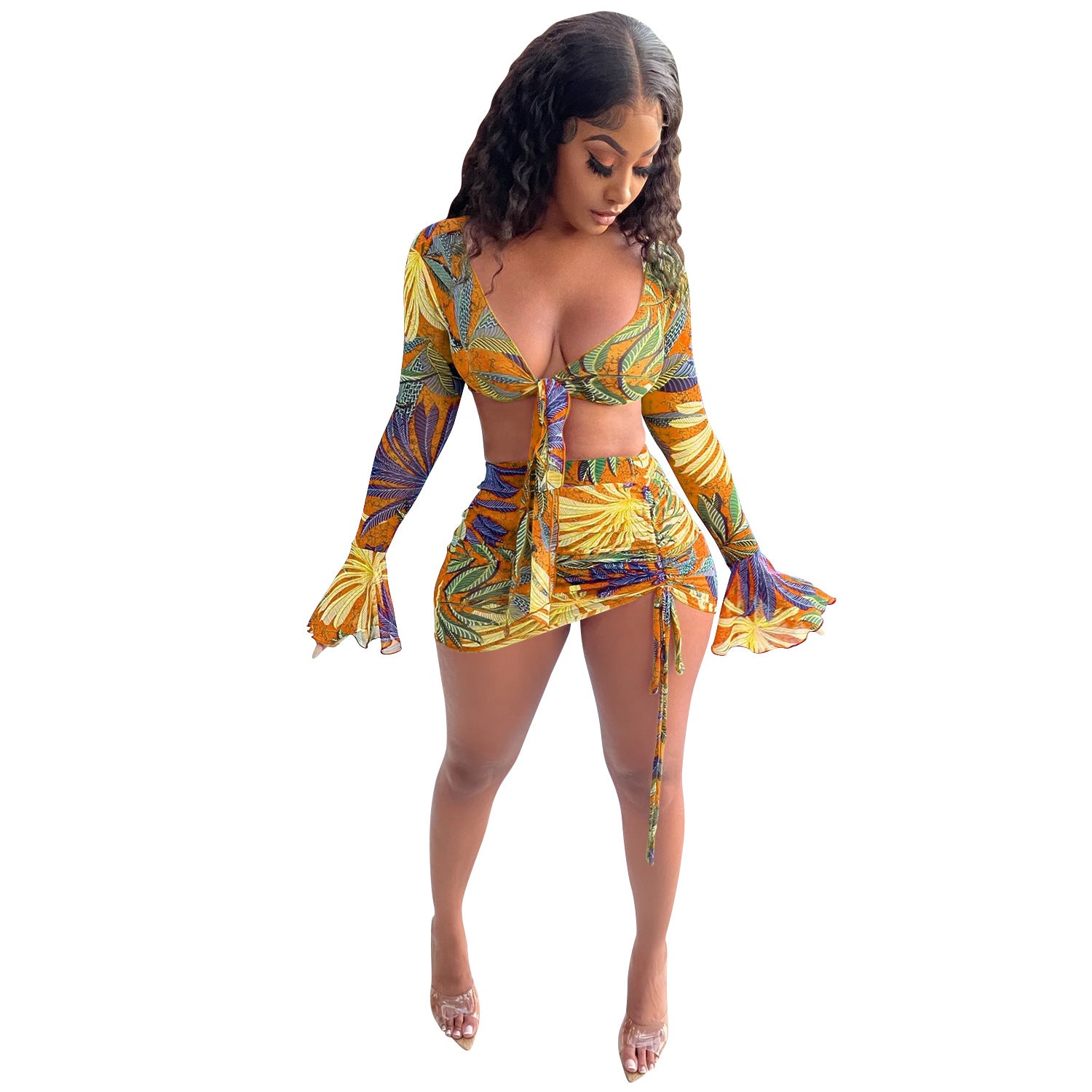 Women Printed V-Neck Lace-Up Long-Sleeved Top and Drawstring Skirt Two-Piece Set 13