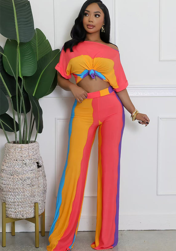 African Print Plus Size Casual Multi-Color Wide Neck Short-Sleeve Two-Piece Pants Set